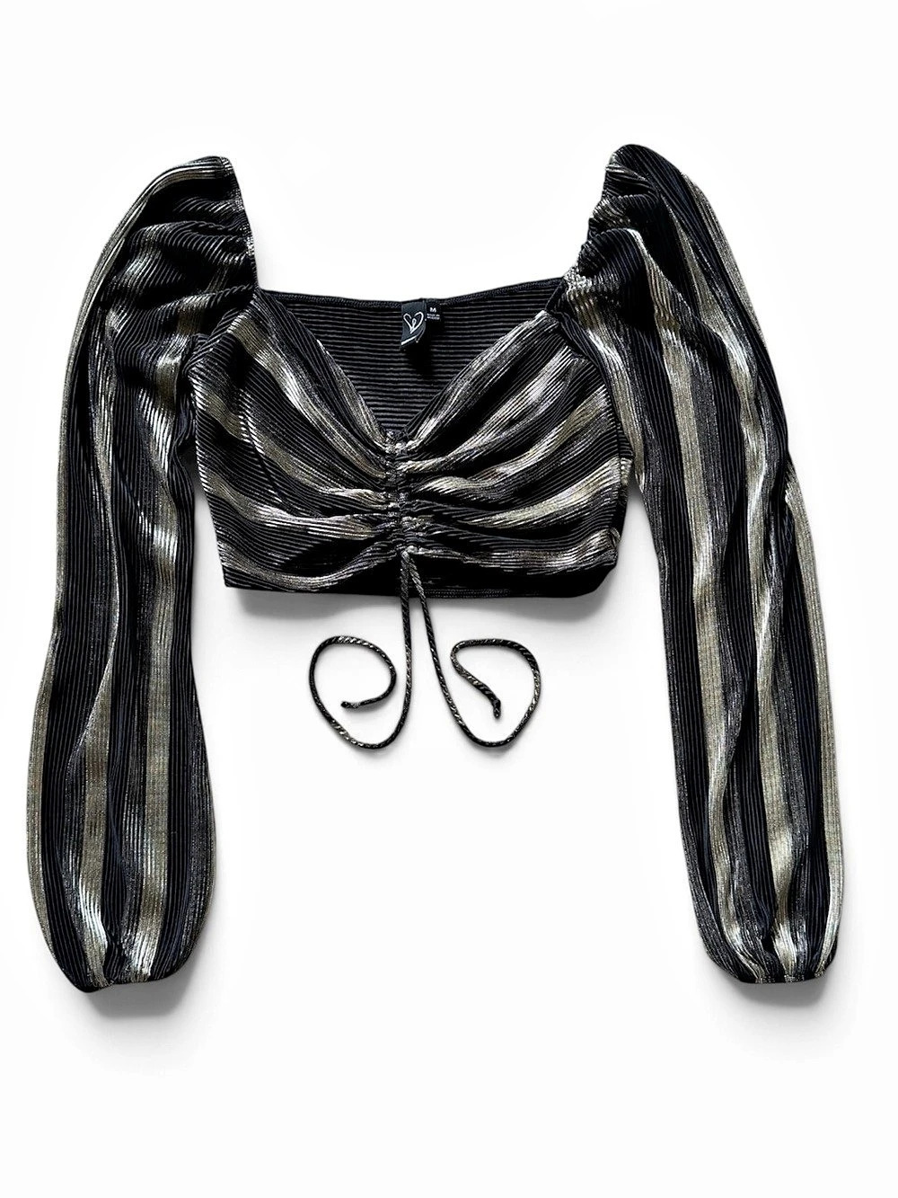 Striped Ruched Crop Top in Black & Gold Size Medium